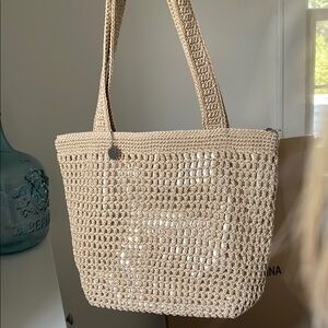 NWOT The Sak Neutral Metallic Gold lined zip top Crochet Tote Bag